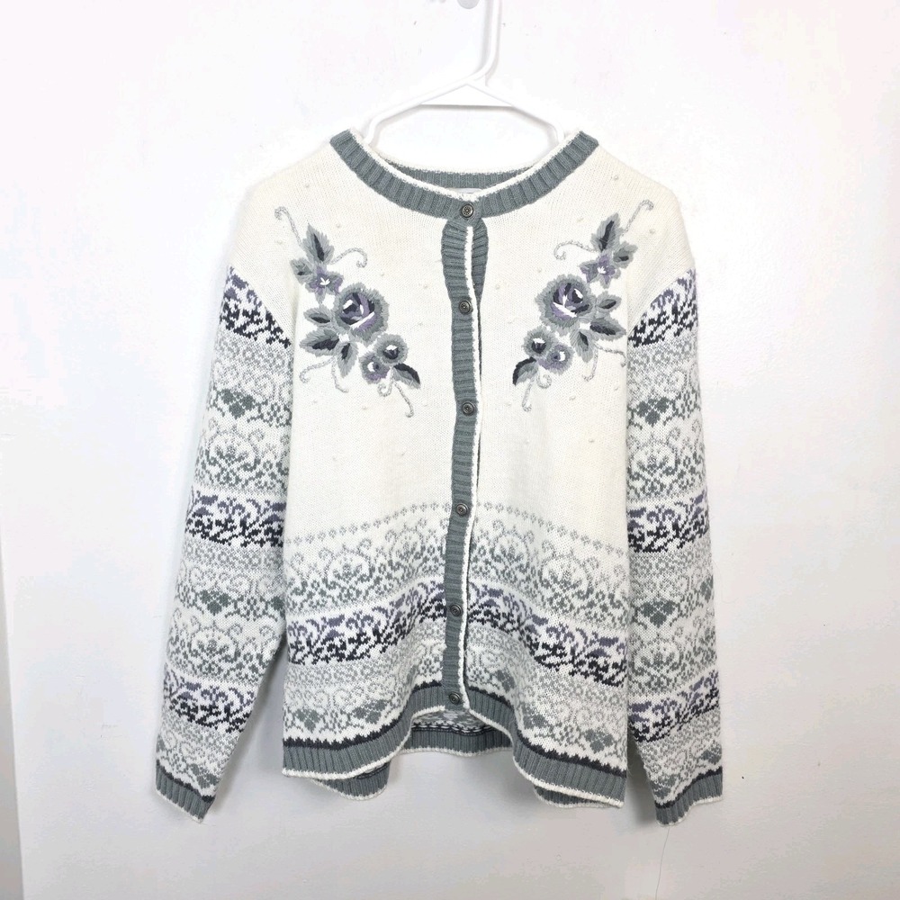 Vintage Koret Cream Gray Floral‎ Embroidered Beaded Grandmacore Cardigan Size MP